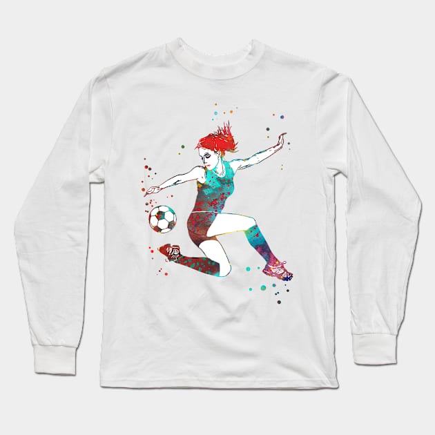 Female Soccer Player Long Sleeve T-Shirt by RosaliArt